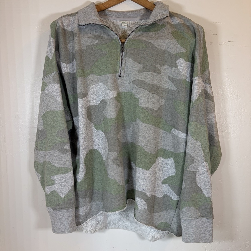 Aerie‎ Sunday Camouflage Quarter Zip Sweatshirt Pullover Green Grey Size S